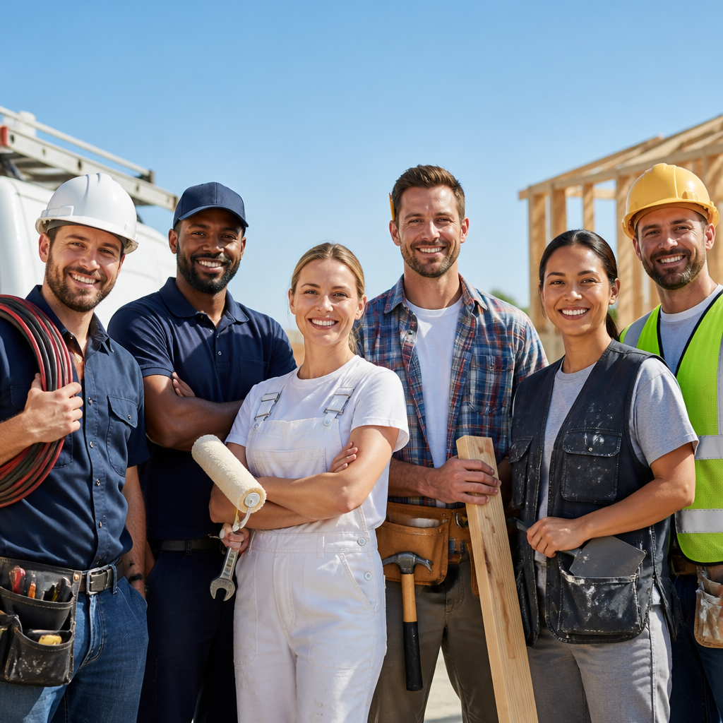 A diverse team of verified skilled workers on Manpower — electricians, plumbers, carpenters and more
